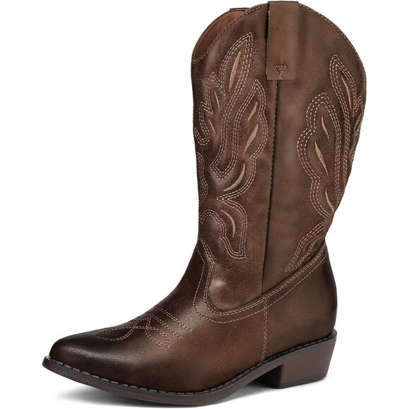 mysoft Women's Brown Western Cowboy Boots Mid Calf Pointed Toe Cowgirl - Picture 1 of 6